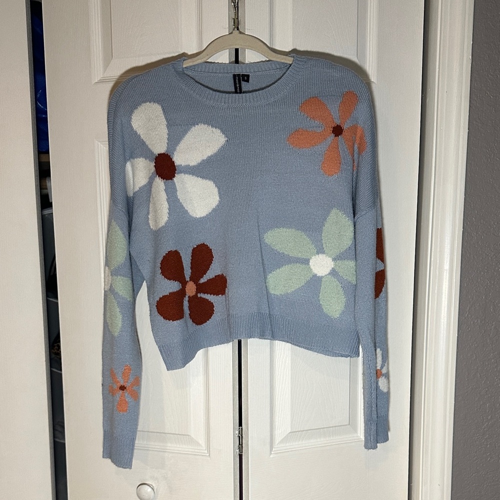 moon & madison Floral Crew Neck Sweater - Blue, White, Orange, Green